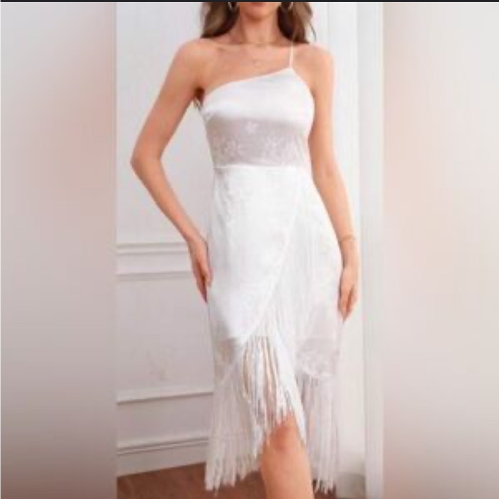 NWT Lulus On the dance floor white jacquard fringe one shoulder dress